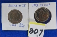 1978 &1982 Queen Elizabeth II unc 50c coins