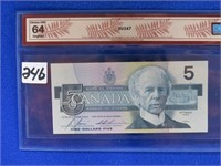 1986 Canada $5 bill Choice unc 64