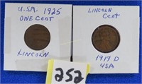 2 USA 1c coins 1919D & 1925