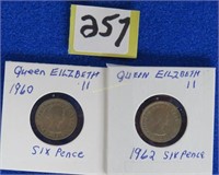 1960 & 1962 Queen Elizabeth II 6 pence