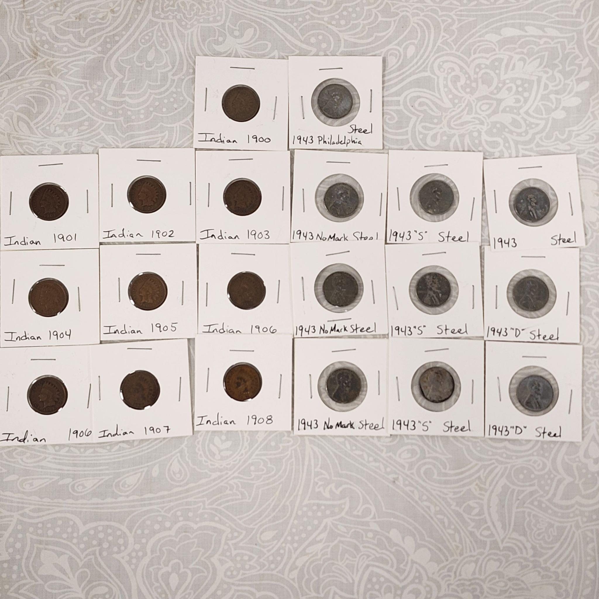 10 Indian Head & 10 Steel 1943 Pennies