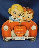 Vintage die cut mechanical Valentine card w/ car -