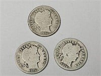 (3) - 1916 Silver Barber Dime Coins