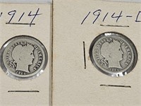 (2) - 1914 Barber Silver Dime Coins