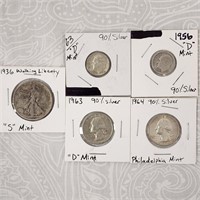 Liberty Half Dollar Quaters Dimes All 90% Silver