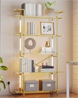 HOOBRO 5-Tier LED Bookshelf, Glass Shelves, Gold F