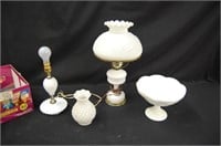 Milk Glass Lamps, Pedestal Bowl & Lamp Shades