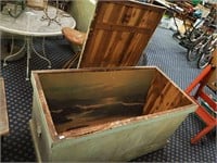 Cedar-lined handled wooden chest on wheels,