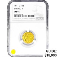 1911-D $2.50 Gold Quarter Eagle NGC MS61 Strong D