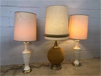 (2) Porcelain Lamps & Vtg. Mid Century Lamp