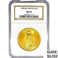 1908 $20 Gold Double Eagle NGC MS63 No Motto