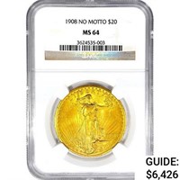 1908 $20 Gold Double Eagle NGC MS64 No Motto