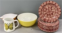 10 Roseville Spongeware Plates & Pyrex Dishes Lot
