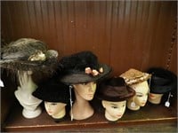 Six vintage hats, some broad-brimmed, one
