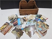 13.5" Primitive Wood Wall Box & VTG Postcards