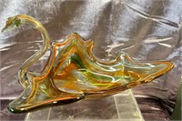 Sooner Art Glass Orange Swan Candy Dish Bowl