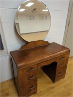Antique 7-drawer dresser with round mirror (2