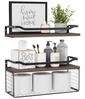 WOPITUES Floating Shelves with Wire Storage Basket