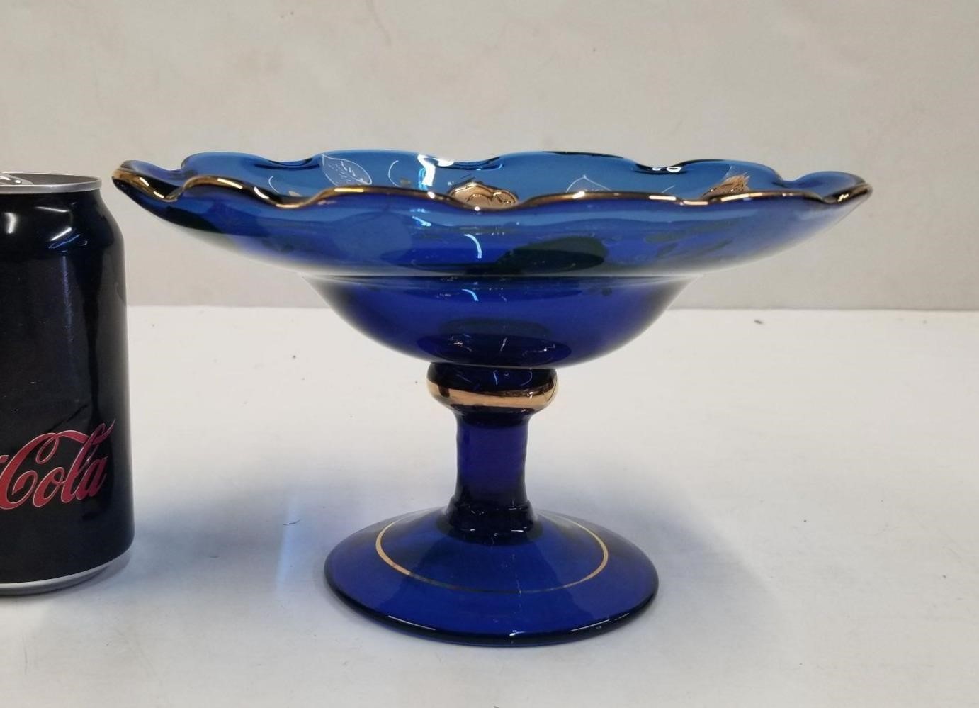 Hand Blown and Gold Plated Blue Glass Dish