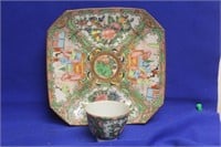 Lot of 2 Chinese Rose Medallion Square Plate + Cup