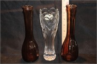3 Vases - 2 Amber and Clear