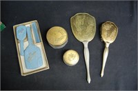 Brass Plated Vanity Set- Mirror/Brush/Powder
