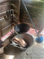 Coal buckets, fireplace tools