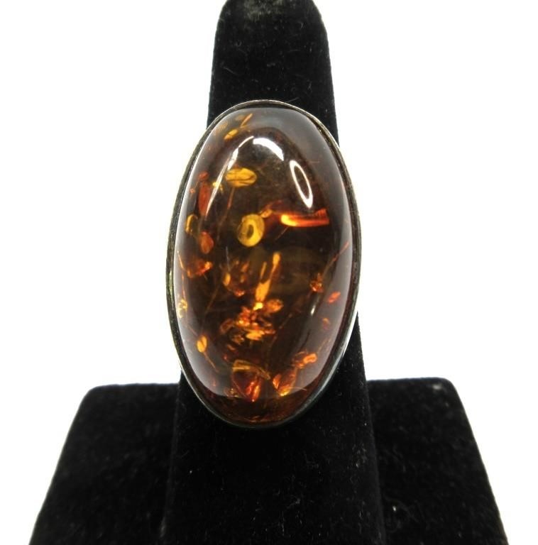 Sterling Ring Plastic Amber Size 7