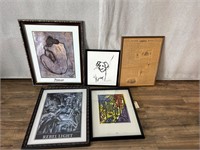 5pc Prints: Nude, Don Quixote, Abstract, Dog etc