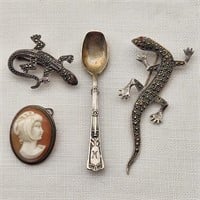 Silver Brooches Spoon Cameo Lizards