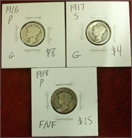 1916P,1917S & 1918P Mercury Dimes