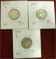 1935S,1937S & 1939D Mercury Dimes