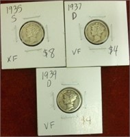 1935S,1937D & 1939D Mercury Dimes
