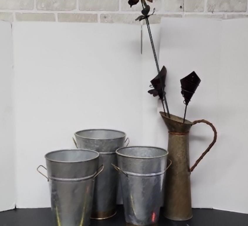 Tin flower vases and water vase with garden