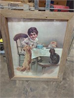 23 x 19  inch print of a boy and his dog and cat