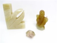 ASSORTED POLISHED STONE FIGURINES & BOOK END