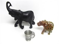 2 HANDMADE ELEPHANT FIGURINES & METAL ELEPHANT CUP