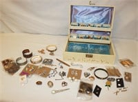 Jewelry Box w/ 2 Trays & Bracelets, Earrings, Pins