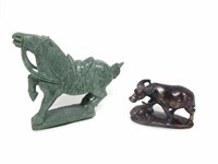 CHINESE HARDSTONE HORSE SCULPTURE & WOOD BULL