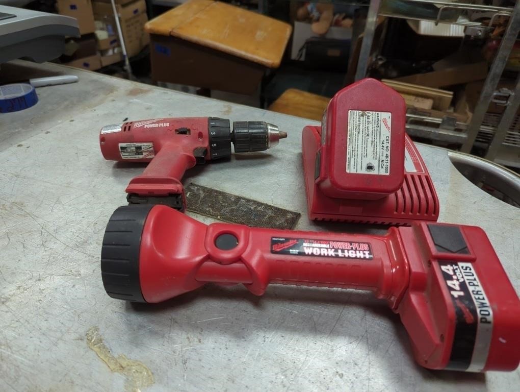 drill, work light and charger