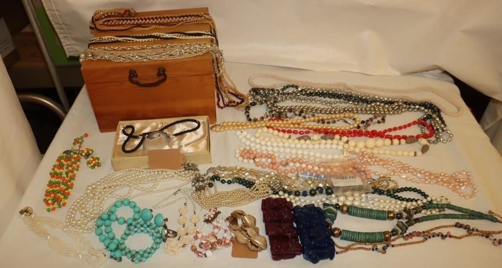 Wood Box w/ Necklaces, Bracelets,… 9.5"x9.5"x6"T