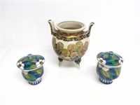 HAND PAINTED CERAMIC INCENSE BOWL & HAND CUPS