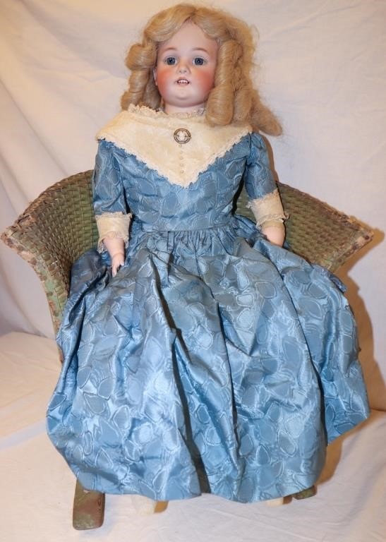 32" Bisque Porcelain Doll w/ Wicker Chair:
