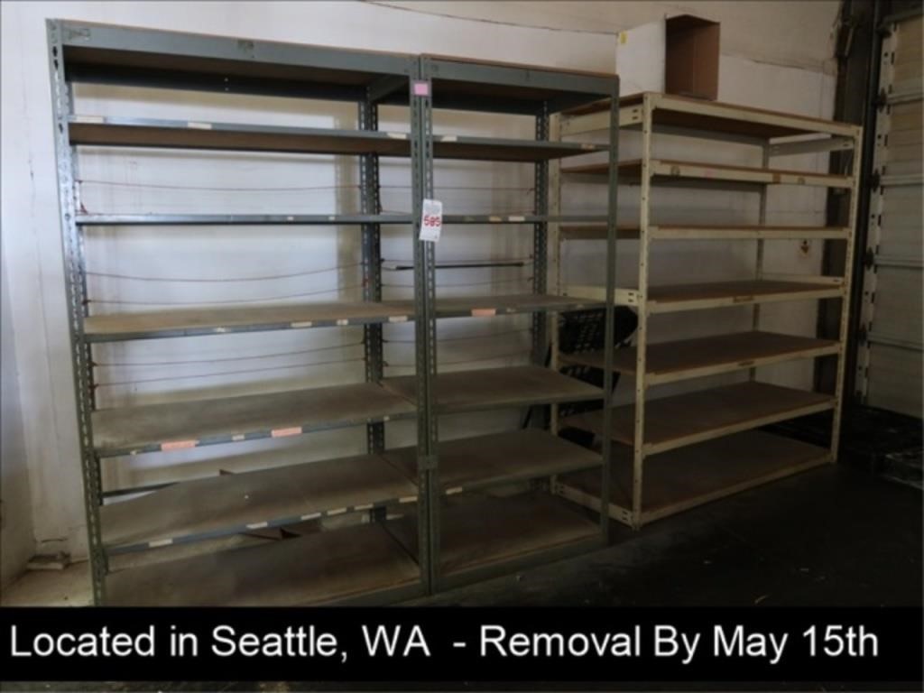 LOT, (4) 8' METAL/WOOD SHELVING UNITS (2 IN FRONT