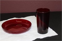 A Ruby Red Glass Cup and Round Tray