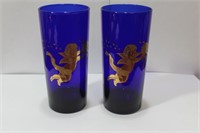 A Pair Of Cobalt Blue Gold Painted Glass Goblets