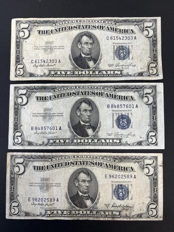 1953, 1953A $5 SILVER CERTIFICATES LOT OF THREE