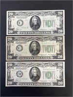 1934 $20 FEDERAL RESERVE NOTES LOT OF 3