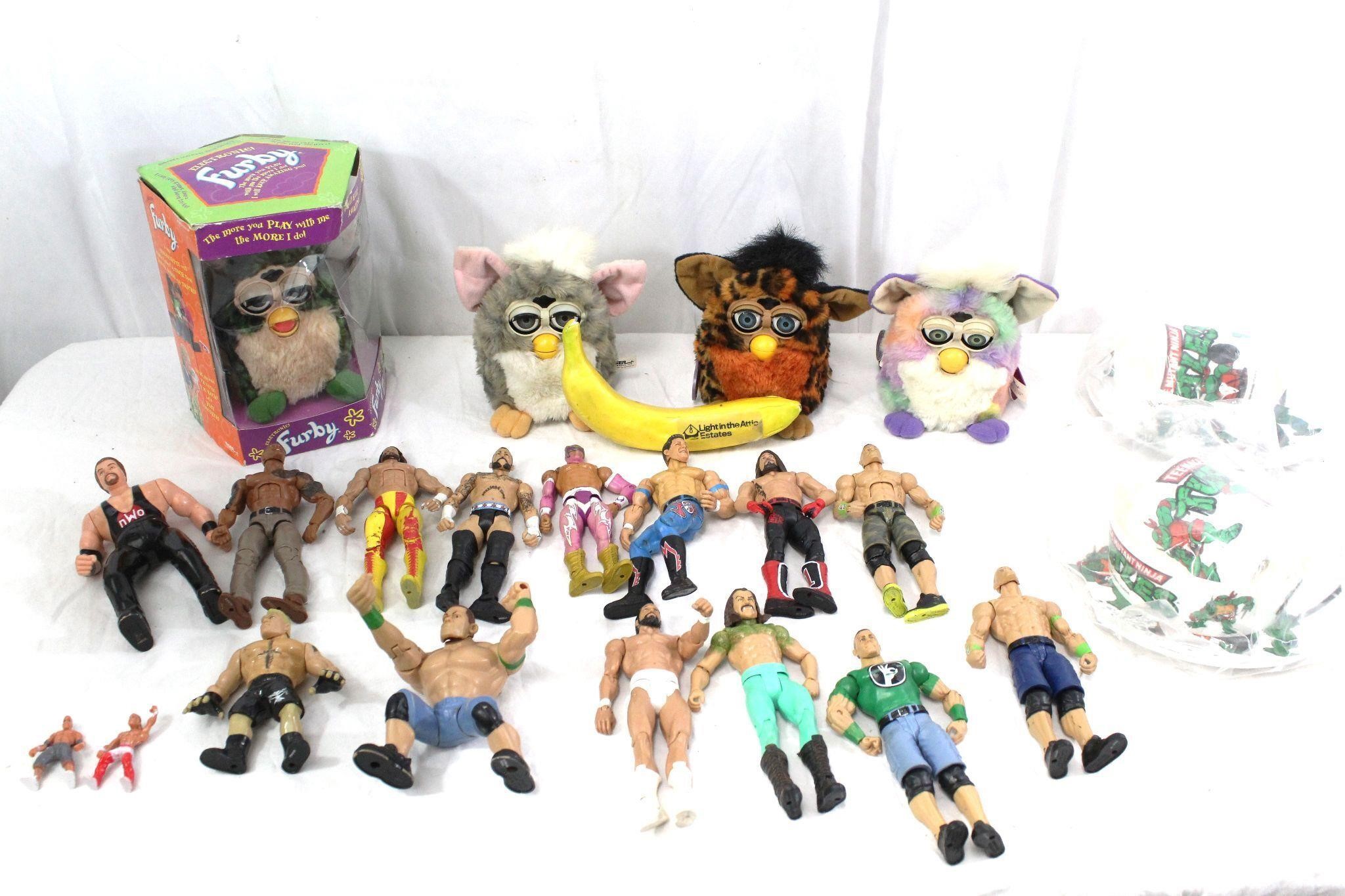 22-1990s Furby, TMNT Dishes & WWF Wrestlers