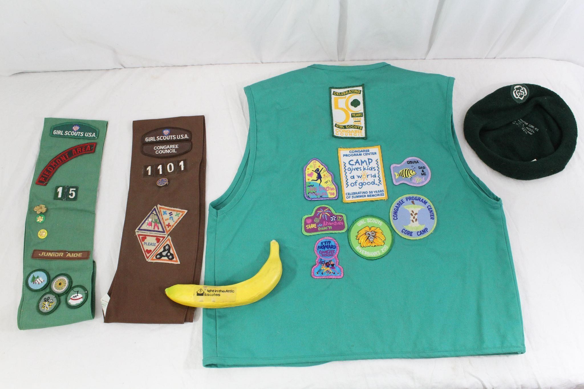 1990s Girl Scouts Vest, Sashes & Beret